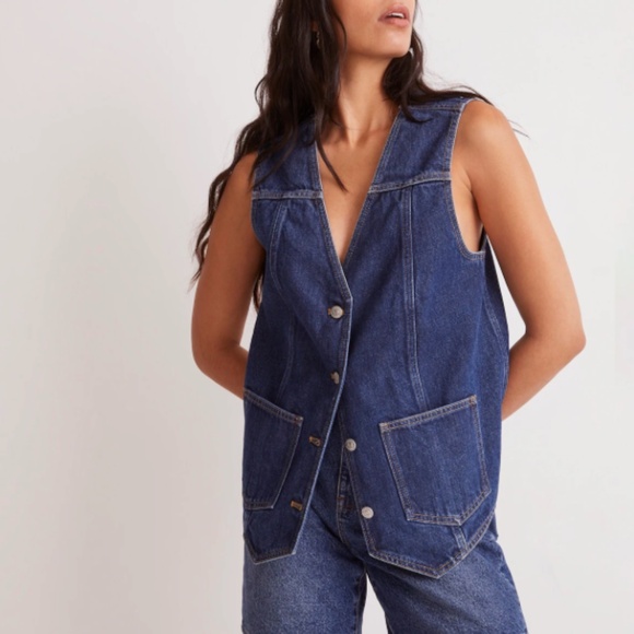 Madewell Denim Snap-front Long Vest | Size Medium - Picture 2 of 8
